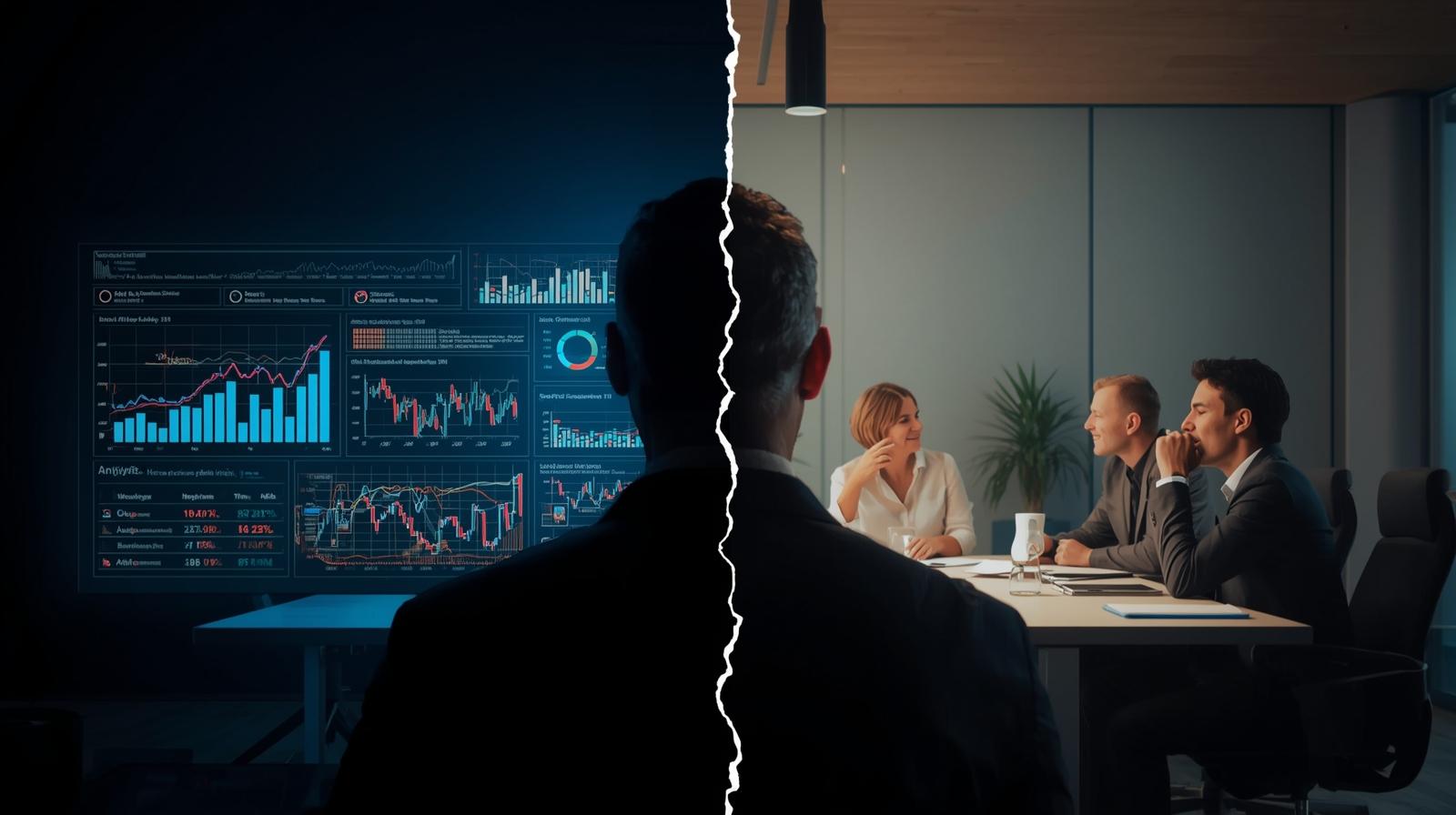 Man in suit facing a split screen of data analytics and business meeting.
